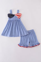 Load image into Gallery viewer, Blue flag bow gingham shorts set