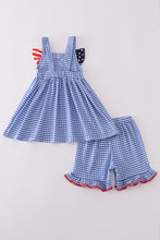 Load image into Gallery viewer, Blue flag bow gingham shorts set