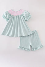 Load image into Gallery viewer, Blue bow pearl smocked ruffle shorts set