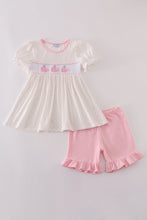 Load image into Gallery viewer, Pink whale embroidery smocked ruffle shorts set