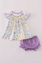 Load image into Gallery viewer, Purple floral embroidery smocked bloomer set