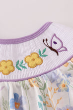 Load image into Gallery viewer, Purple floral embroidery smocked bloomer set