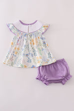 Load image into Gallery viewer, Purple floral embroidery smocked bloomer set