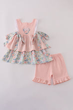 Load image into Gallery viewer, Pink floral character applique ruffle shorts set