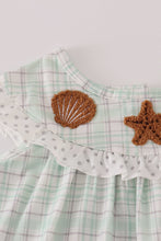 Load image into Gallery viewer, Green plaid sea shell french knot ruffle dress