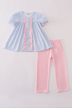Load image into Gallery viewer, Blue bow embroidery gingham ruffle pants set
