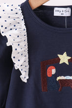Load image into Gallery viewer, Navy nativity embroidery ruffle bloomer set