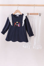 Load image into Gallery viewer, Navy nativity embroidery ruffle pants set