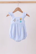 Load image into Gallery viewer, Premium blue snowman embroidery gingham ruffle bubble