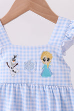 Load image into Gallery viewer, Premium blue snowman embroidery gingham ruffle bubble
