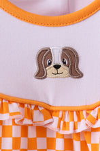 Load image into Gallery viewer, Orange Tennessee puppy bow embroidery checkered ruffle pants set