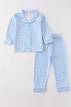 Load image into Gallery viewer, Premium Blue plaid boy button down pajamas set