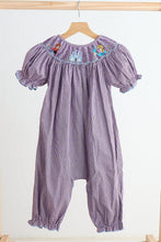 Load image into Gallery viewer, Purple castle hand smocked gingham girl romper