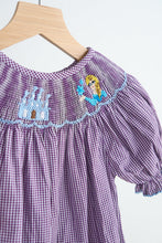 Load image into Gallery viewer, Purple castle hand smocked gingham girl romper