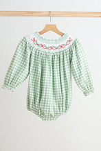 Load image into Gallery viewer, Green bow tie hand smocked gingham girl bubble