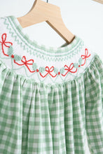Load image into Gallery viewer, Green bow tie hand smocked gingham girl bubble
