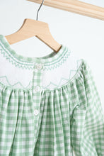 Load image into Gallery viewer, Green bow tie hand smocked gingham girl bubble