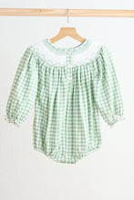 Load image into Gallery viewer, Green bow tie hand smocked gingham girl bubble