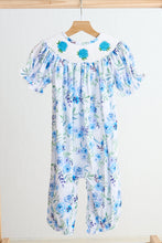 Load image into Gallery viewer, Blue rose hand smocked print girl romper