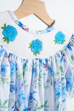 Load image into Gallery viewer, Blue rose hand smocked print girl romper