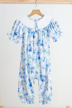 Load image into Gallery viewer, Blue rose hand smocked print girl romper