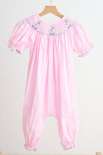 Load image into Gallery viewer, Pink alpaca hand smocked gingham girl romper