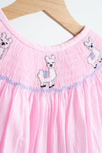 Load image into Gallery viewer, Pink alpaca hand smocked gingham girl romper