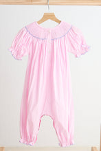 Load image into Gallery viewer, Pink alpaca hand smocked gingham girl romper