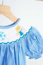Load image into Gallery viewer, Blue snow princess hand smocked gingham girl romper