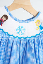 Load image into Gallery viewer, Blue snow princess hand smocked gingham girl romper