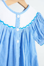 Load image into Gallery viewer, Blue snow princess hand smocked gingham girl romper