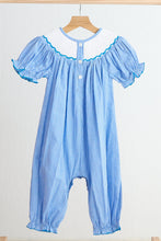 Load image into Gallery viewer, Blue snow princess hand smocked gingham girl romper