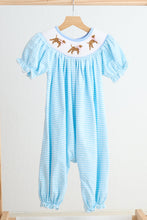 Load image into Gallery viewer, Blue puppy hand smocked girl romper