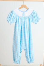 Load image into Gallery viewer, Blue puppy hand smocked girl romper