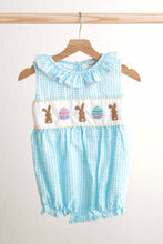 Load image into Gallery viewer, Blue easter bunny egg french knot girl gingham seersucker bubble