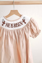 Load image into Gallery viewer, Khaki he is risen hand-smocked girl bubble