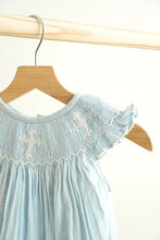 Load image into Gallery viewer, Blue easter cross hand-smocked girl bubble