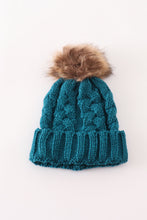 Load image into Gallery viewer, Teal pompom cable beanie