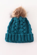 Load image into Gallery viewer, Teal pompom cable beanie