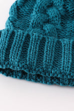 Load image into Gallery viewer, Teal pompom cable beanie