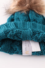 Load image into Gallery viewer, Teal pompom cable beanie