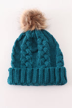 Load image into Gallery viewer, Teal pompom cable beanie