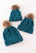 Load image into Gallery viewer, Teal pompom cable beanie