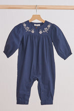 Load image into Gallery viewer, Navy floral embroidery linen girl romper