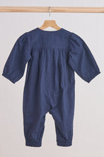 Load image into Gallery viewer, Navy floral embroidery linen girl romper