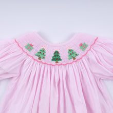 Load image into Gallery viewer, Pink christmas tree hand smocked dress