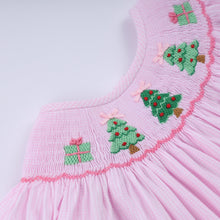 Load image into Gallery viewer, Pink christmas tree hand smocked dress