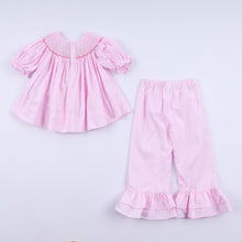 Load image into Gallery viewer, Pink christmas tree hand smocked ruffle pants set