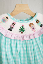 Load image into Gallery viewer, Mint christmas nutcracker hand smocked gingham bubble