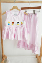 Load image into Gallery viewer, Pink princess hand smocked plaid ruffle pants set